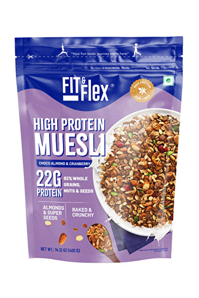 FIT and FLEX موسلي غني بالبروتين بنكهة الشوكولاتة واللوز والتوت البري | 22 غر...