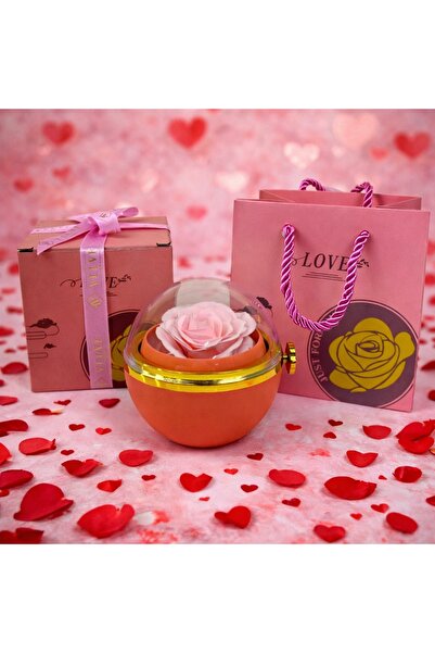 velve Trandafir de sapun roz in cutie eleganta cu cupola transparenta si lant...