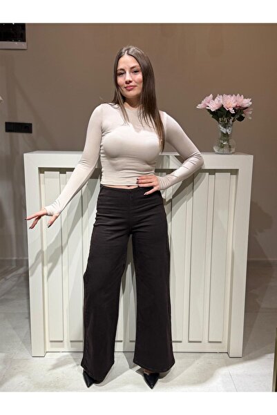 A.T. KIDS-WOMAN Women's High Waist Wide Leg Brown Jeans with Elastic Waist De...