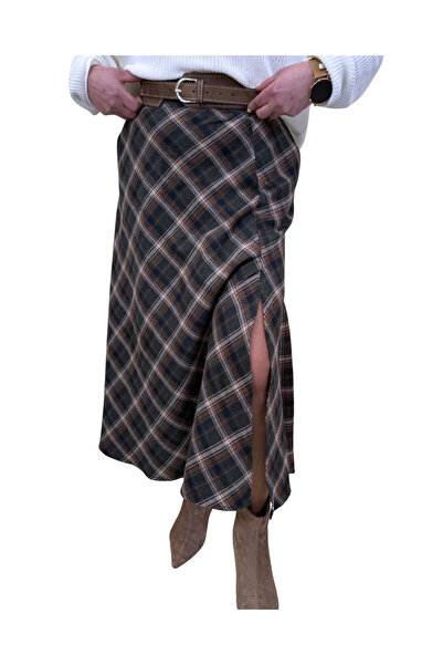 Qualia Butik Women's High Waist Slit Belted Plaid Midi Skirt