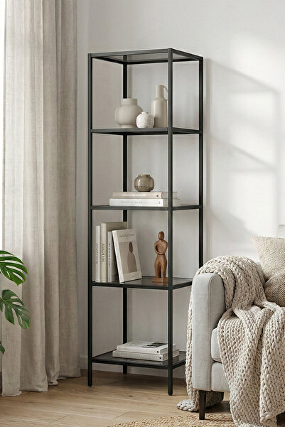 DEKOPRATİK Sirius 5 Raflı Siyah Kırılmaz Füme Camlı Kitaplık