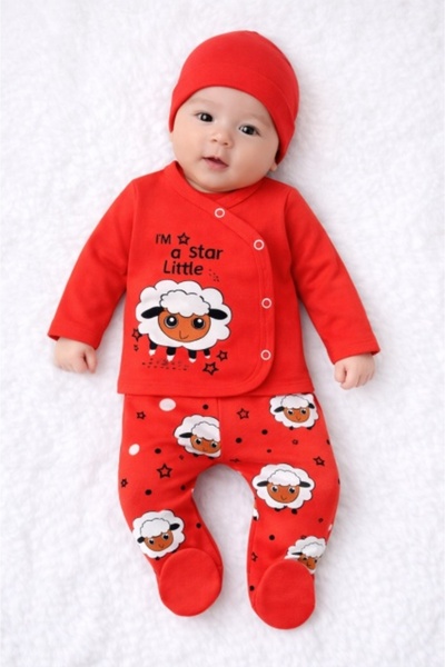 Pure Boutique 3-piece baby set, coral cotton, sheepskin blouse, pants with bo...