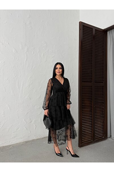 KAMACI BUTİK KRUVAZE YAKA ÖNÜ KATLI TÜL ELBİSE