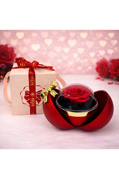 velve Spherical jewelry box with red soap rose and gold bow, Red