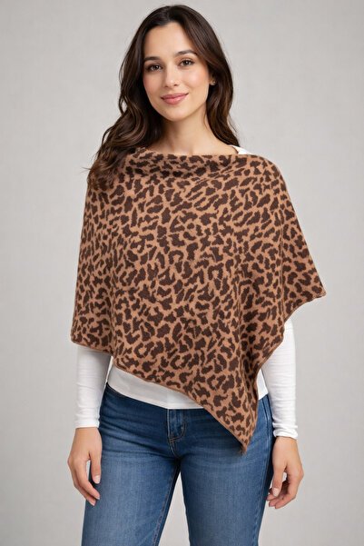 Sebir Moda Leopard Patterned Asymmetrical Cut Knitwear Acrylic Poncho