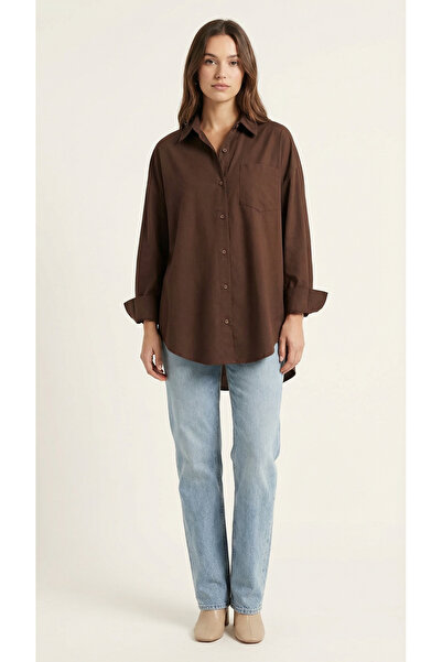 Pntekstil Kadın Tek Cepli Oversize Kesim Uzun Kollu Basic Gömlek Tunik