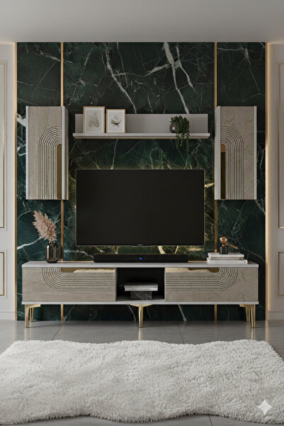 YUMEDİ DESİGN TVR1502BTG - DÜNYA TV ÜNİTESİ TAKIMI 150CM BEYAZ-TRAVERTEN-GOLD