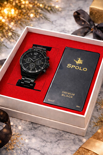 S.POLO HEDİYELİK KUTULU ERKEK KOL SAATİ 50ML BLACK PREMIUM ERKEK PARFÜM SEVGİ...