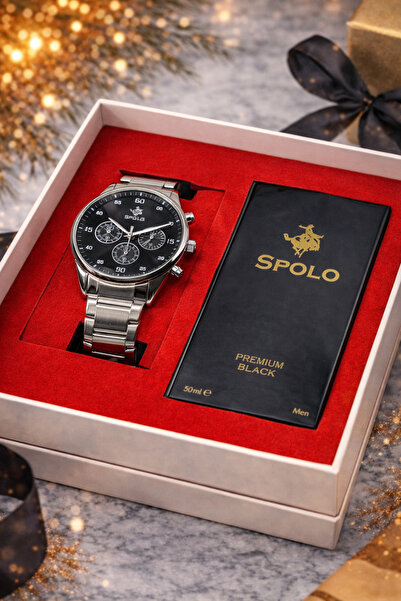 S.POLO HEDİYELİK KUTULU ERKEK KOL SAATİ 50ML BLACK PREMIUM ERKEK PARFÜM SEVGİ...