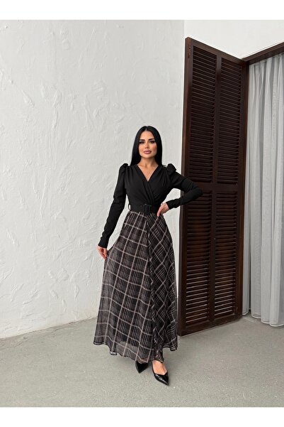 KAMACI BUTİK KRUVAZE YAKA PRENSES KOL TASARIM ELBİSE