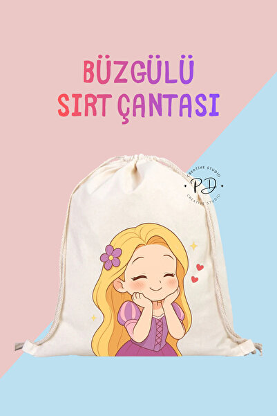 ÇANTA Pink Princess Themed Drawstring Linen Backpack for Children