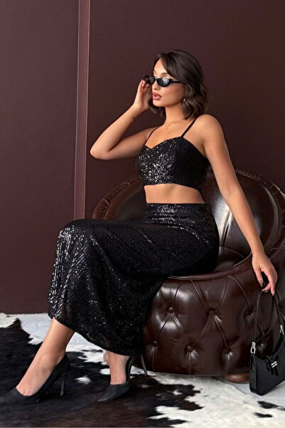 Caddebostan Moda Black Sequined Long Skirt Modern Premium Luxury Trend Design...
