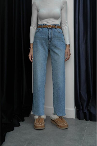 Havoş Light Blue Belted Straight Leg Cropped Jeans