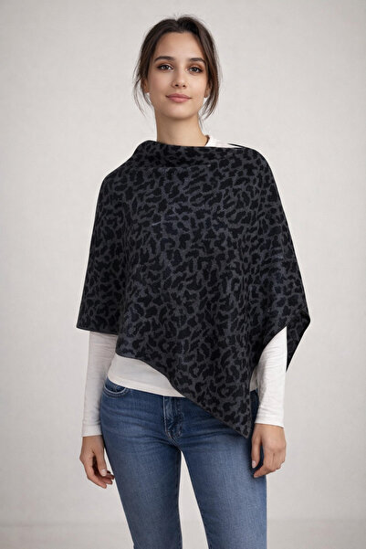 Sebir Moda Ακρυλικό πόντσο πλεκτό με ασύμμετρη κοπή και σχέδιο λεοπάρ