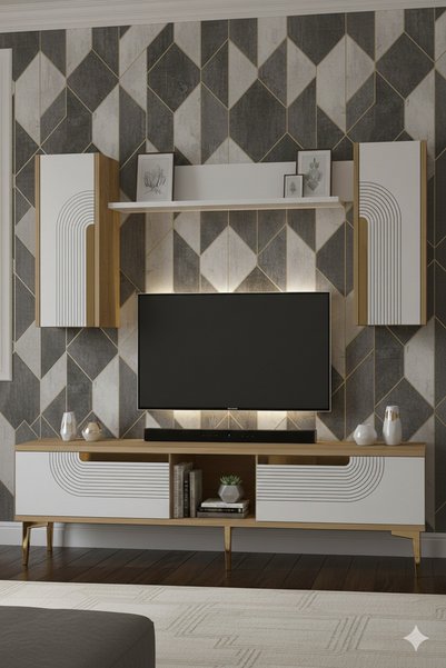 YUMEDİ DESİGN TVR1502DBG - DÜNYA TV ÜNİTESİ TAKIMI 150CM SAFİRMEŞE-BEYAZ-GOLD