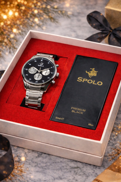 S.POLO HEDİYELİK KUTULU ERKEK KOL SAATİ 50ML BLACK PREMIUM ERKEK PARFÜM SEVGİ...