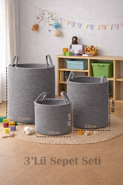 OLİDYA 3’lü Jüt Halat Sepet Seti | Büyük Boy Oyuncak & Çamaşır Sepeti | Dekor...