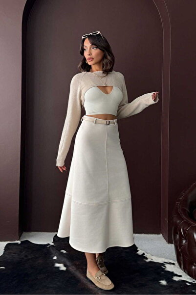 Caddebostan Moda Stone Scuba Suede Skirt Modern Premium Luxury Trend Design S...