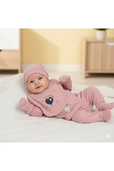 Baby Bakkal Heart and Rabbit Embroidered Baby Girl 5-Piece Hospital Outfit
