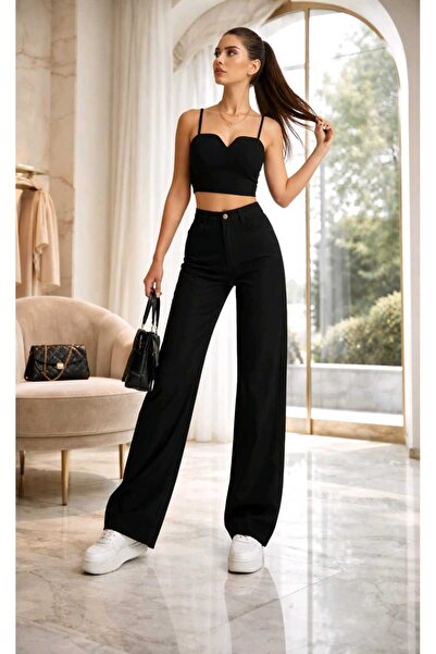 NWC Viktorya Black Stretch Fabric Super High Waist Flared Leg Denim Palazzo P...