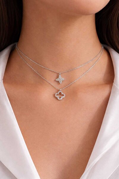 Işıltı takı Pirinç Gümüş Renk Yonca & Yıldız Figürlü Taşlı 2’li Kadın Kolye Seti