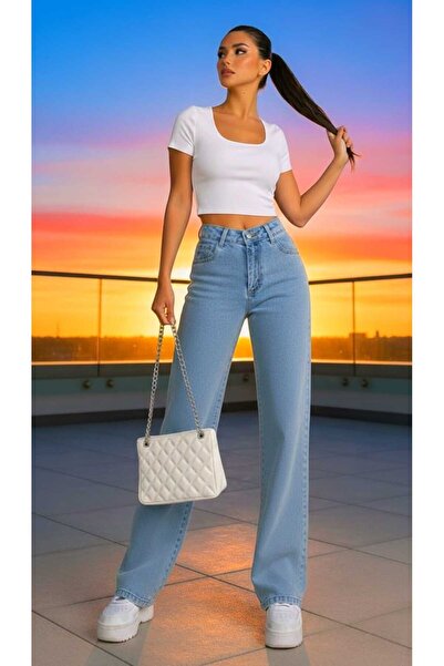 Ramrod Kira Light Blue Snow Stretch Fabric Super High Waist Loose Leg Denim P...