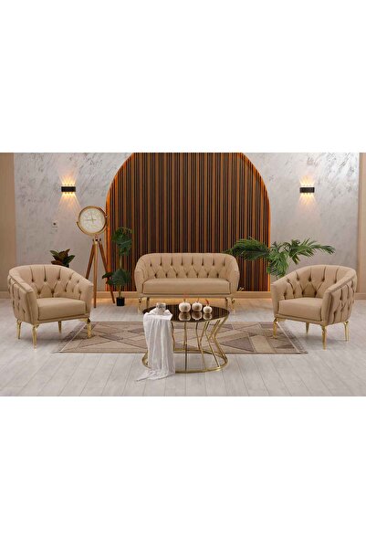 KIEZ Krem Deri Gold Ayaklı Chaster Koltuk Takımı Makam Koltuk Takımı Dekorati...