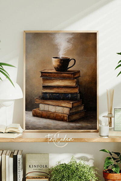 tablodea Pictură tematică cu cărți și cafea în stil vintage, bibliotecă TD, z...