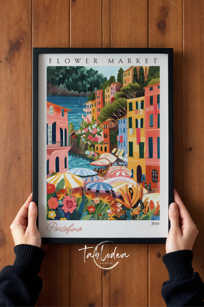 tablodea Retro Flower Market İtalya Portofino Tablosu TD Gezi Seyahat Akdeniz...