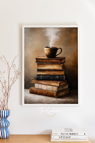 tablodea Pictură tematică cu cărți și cafea în stil vintage, bibliotecă TD, z...