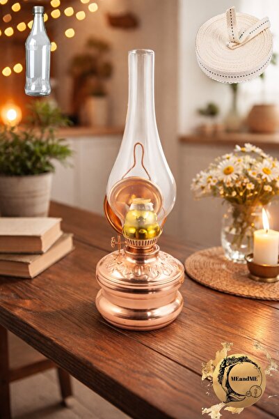 meandme %100 Saf Bakır Gaz Lambası 33 cm – 500 ml Gaz Yağı ve 50 cm Yedek Fit...