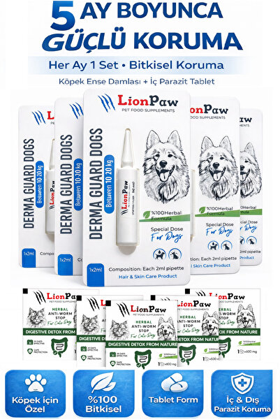LİON PAW 2'li Set Köpek 10-20 Kg Bitkisel İç Dış Anti Parazit Ense Bitkisel D...