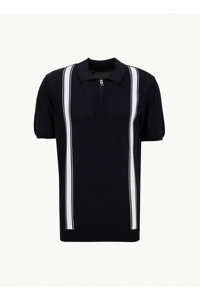 Fabrika Polo Yaka Regular Fit Çizgili Siyah Erkek Kazak F6SM-KZK 2623