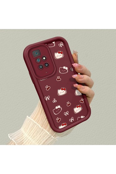 CHICASELUX Redmi 10 4g Compatible Burgundy Color Cute Cat Cherry and Bow Patt...