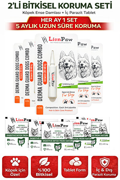 LİON PAW 2'li Set Köpek 20-40 Kg Bitkisel İç Dış Anti Parazit Ense Bitkisel D...