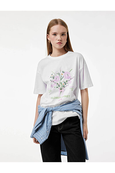 Koton Γυναικείο T-Shirt από βαμβάκι με στάμπα λουλουδιών Oversize εκρού 6SAL1...