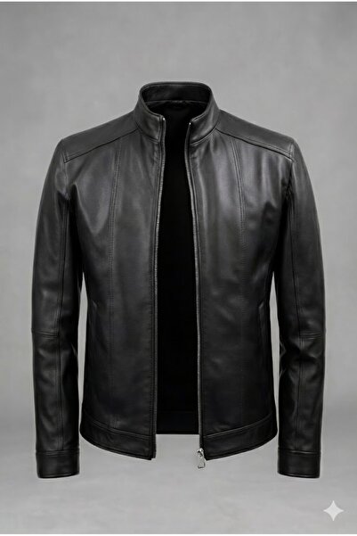 Verra Hakiki Deri Siyah Erkek Deri Mont - Hakim Yaka Fermuarlı Slim Fit Moder...
