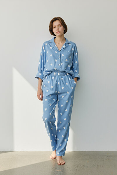 FEG STORE Women's Blue Heart Patterned Suede Textured Shirt Collar Pajama Set...