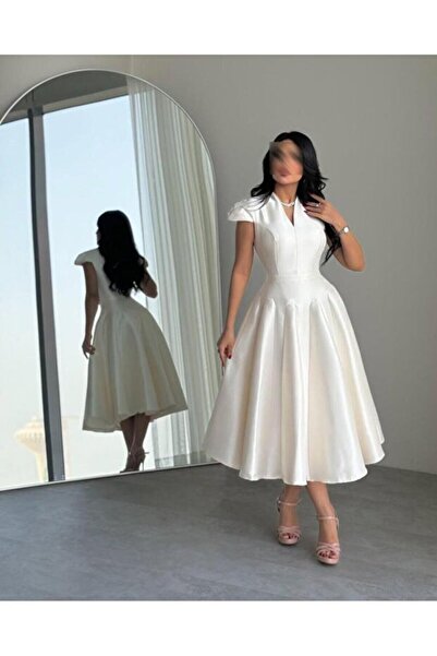 Zarkasha Eid dress in off-white midi | Luxurious taffeta fabric and flared si...