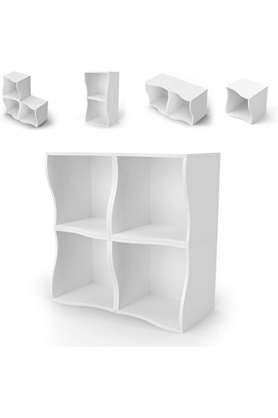 OEM Modular Cube Shelf, Wavy Design, Freely Combinable 4-Piece Set White Book...