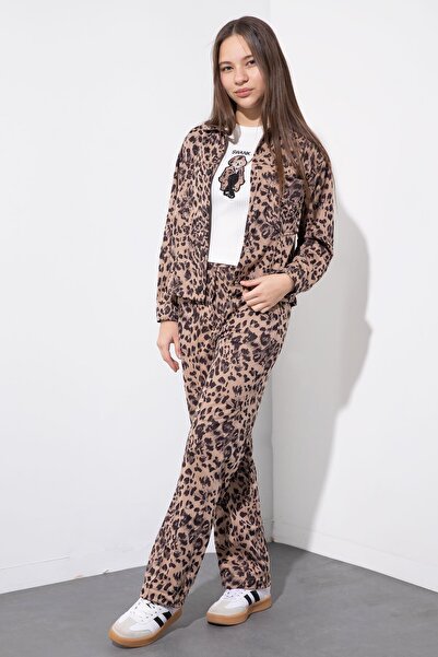 Cansın Mini Brown Leopard Patterned Jacket and Trousers Girls' 3-Piece Set 23548