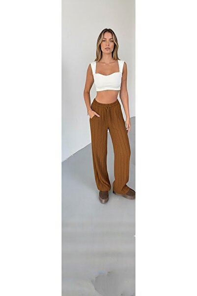THEBEK Winter Ruffle Modal Pocketed Palazzo Trousers Mustard
