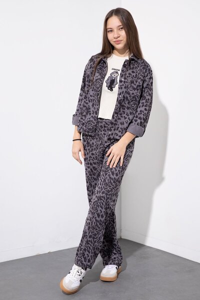 Cansın Mini Anthracite Leopard Patterned Jacket and Trousers Girls' 3-Piece S...