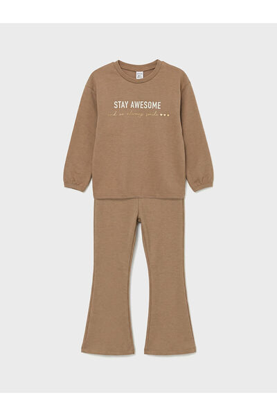 LC Waikiki Brown Crew Neck Printed Baby Girl Sweatshirt and Leggings