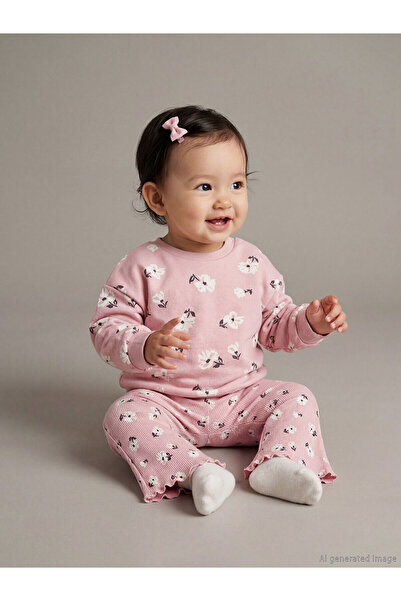 LC Waikiki Pink Crew Neck Floral Baby Girl Sweatshirt and Leggings