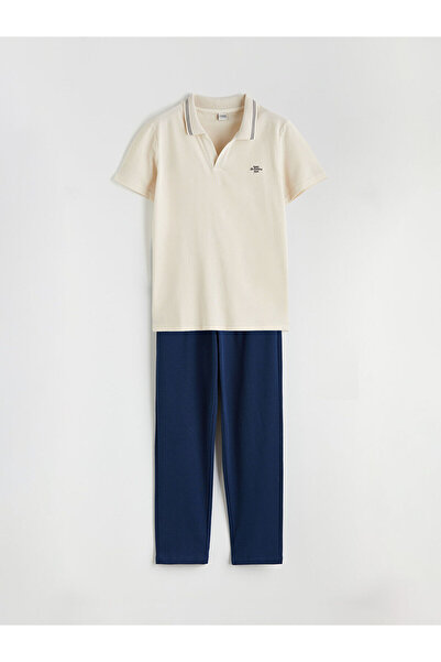 LC Waikiki Beige Embroidered Polo Collar Boys' Set