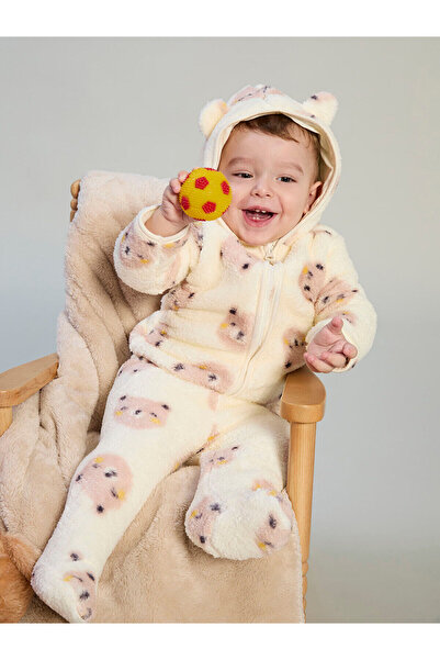 LC Waikiki Alita City Lcw Baby Ecru Hooded Plush Baby Boy Cardigan and Pants