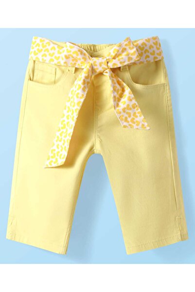 Babyhug Twill Woven Solid Capri with Stretch & Fabric Belt - Yellow