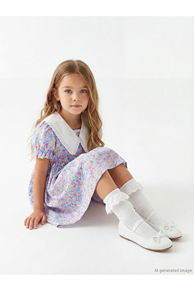 LC Waikiki Ecru Printed Linen Look Girls' Dress