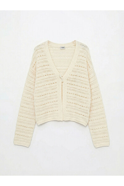 LC Waikiki Peak New Season V-Neck Openwork Girls' Knitwear Cardigan